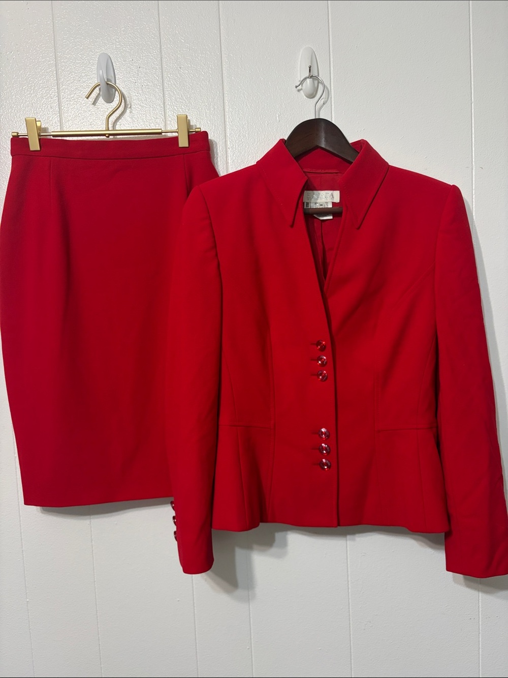 Escada Red Wool Suit Size 36 Skirt Jacket